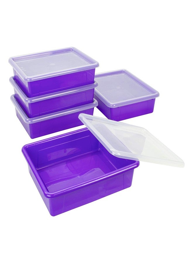 Storex Letter Size Flat Storage Tray - Organizer Bin with Non-Snap Lid for Classroom, Office and Home, Violet, 5-Pack (62540U05C) - Image 3