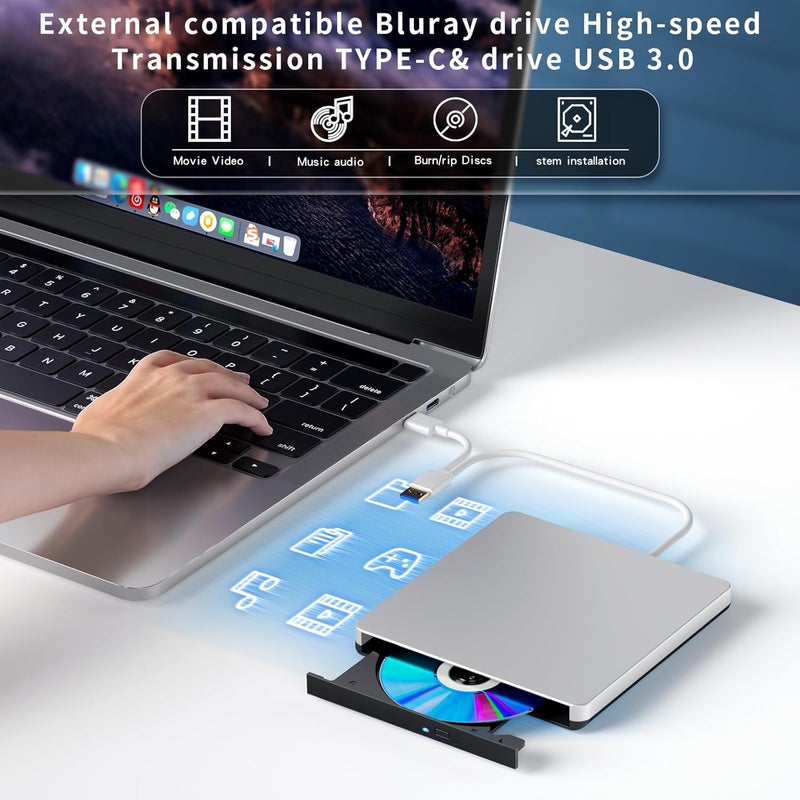 Dainty محرك خارجي متوافق مع مشغل بلوراي متوافق مع قراءة DVD CD BD، مناسب لمنفذ USB3.0 و Type-C، ويندوز XP/7/8/10/11 وماك أو إس، صامت وعالي السرعة - Image 3