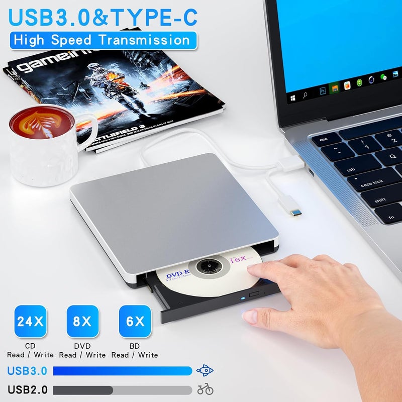 Dainty محرك خارجي متوافق مع مشغل بلوراي متوافق مع قراءة DVD CD BD، مناسب لمنفذ USB3.0 و Type-C، ويندوز XP/7/8/10/11 وماك أو إس، صامت وعالي السرعة - Image 2