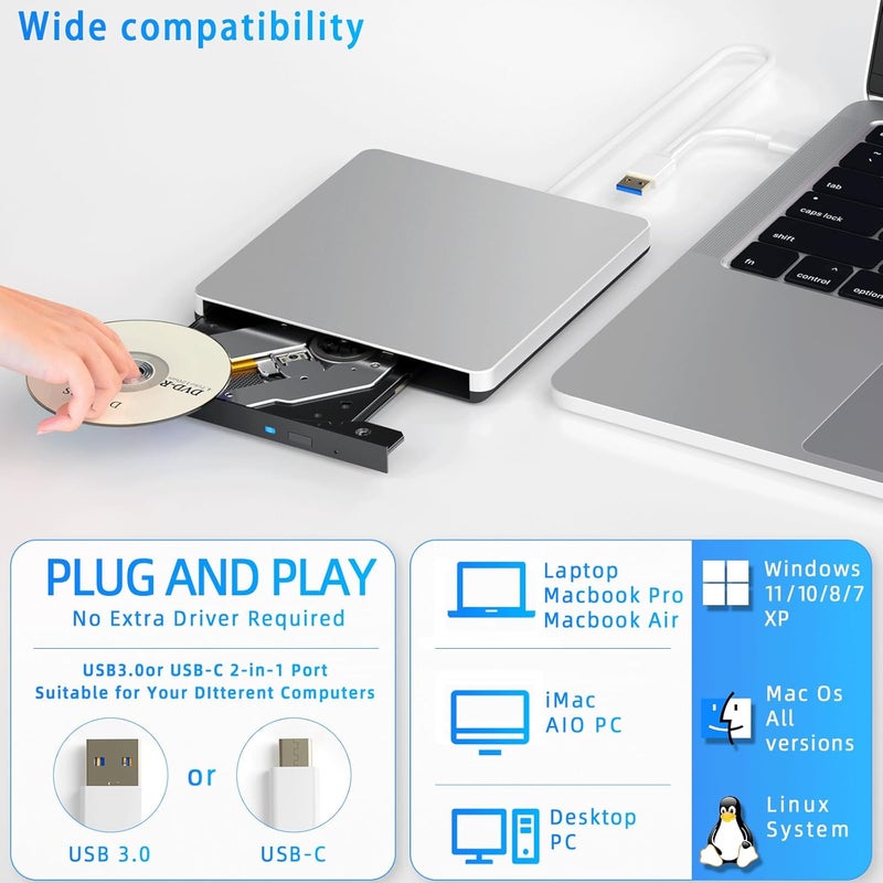 Dainty محرك خارجي متوافق مع مشغل بلوراي متوافق مع قراءة DVD CD BD، مناسب لمنفذ USB3.0 و Type-C، ويندوز XP/7/8/10/11 وماك أو إس، صامت وعالي السرعة - Image 5
