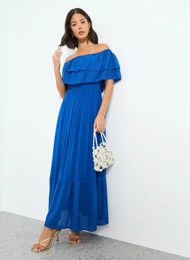 Styli Blue Cotton Schiffli Off-Shoulder Maxi Dress
