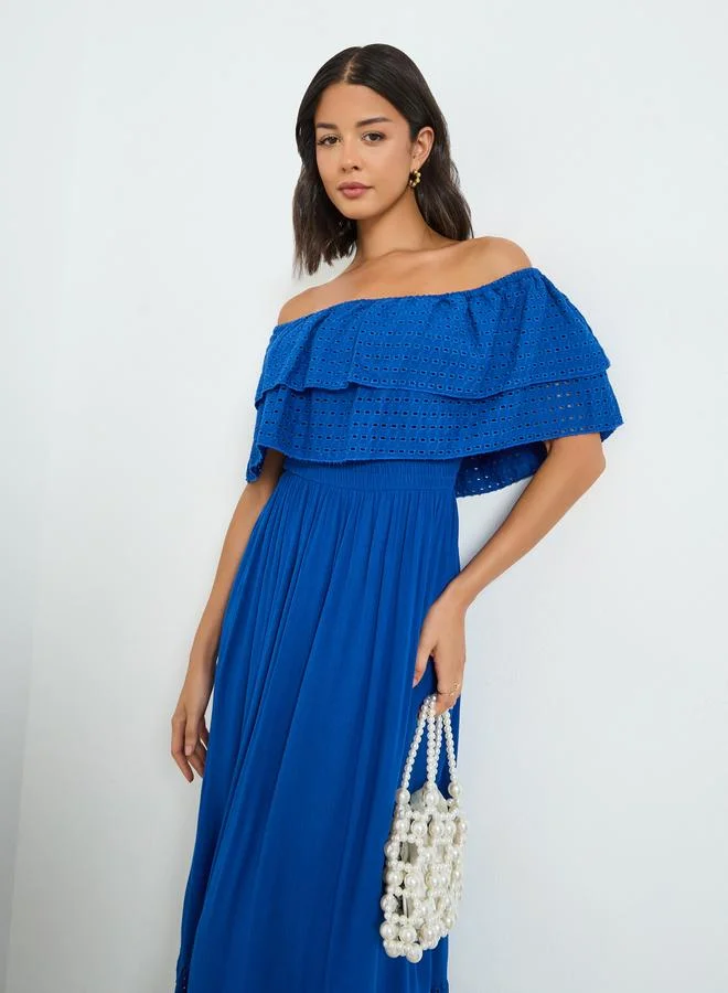 Styli Blue Cotton Schiffli Off-Shoulder Maxi Dress