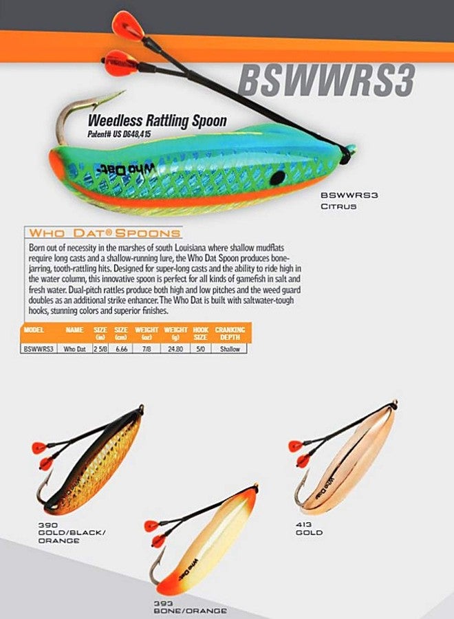طعم صيد BOMBER Saltwater Grade Who Dat Weedless Rattling Spoon - ذهبي، 2 5/8 بوصة، 7/8 أونصة، (BSWWRS3413) - Image 2