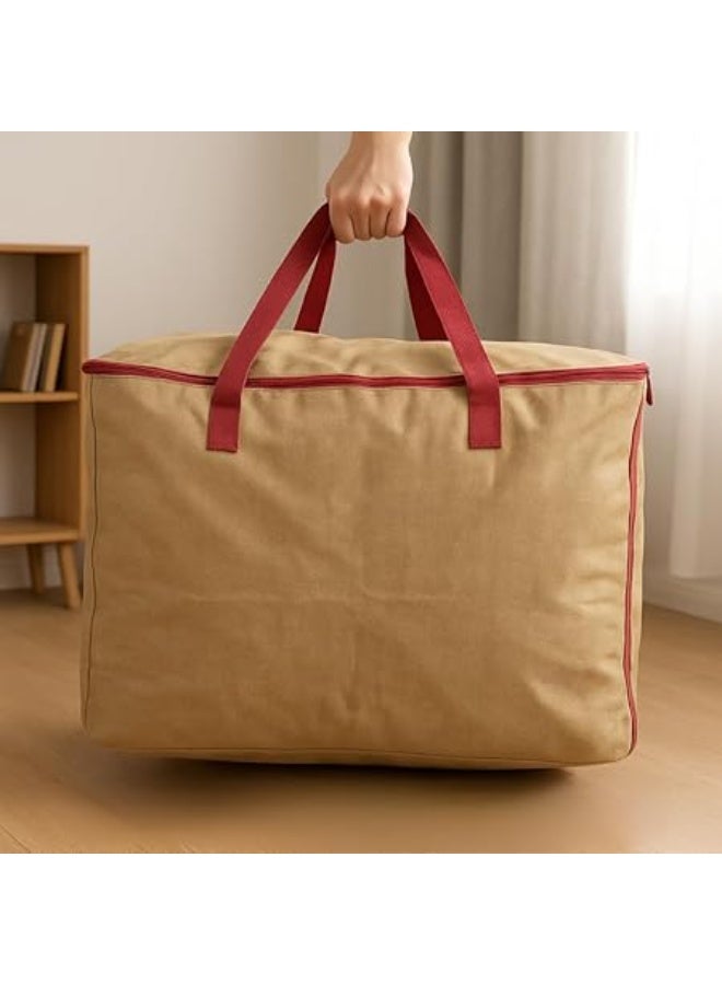 شنطة تخزين جامبو مقاومة للماء بسحاب ومقابض للغسيل والفراش والملابس والتنقل والتسوق، شنطة منظمة قابلة للطي للسفر والاستخدام المنزلي، 70 × 50 × 30 سم (بيج) - Image 1