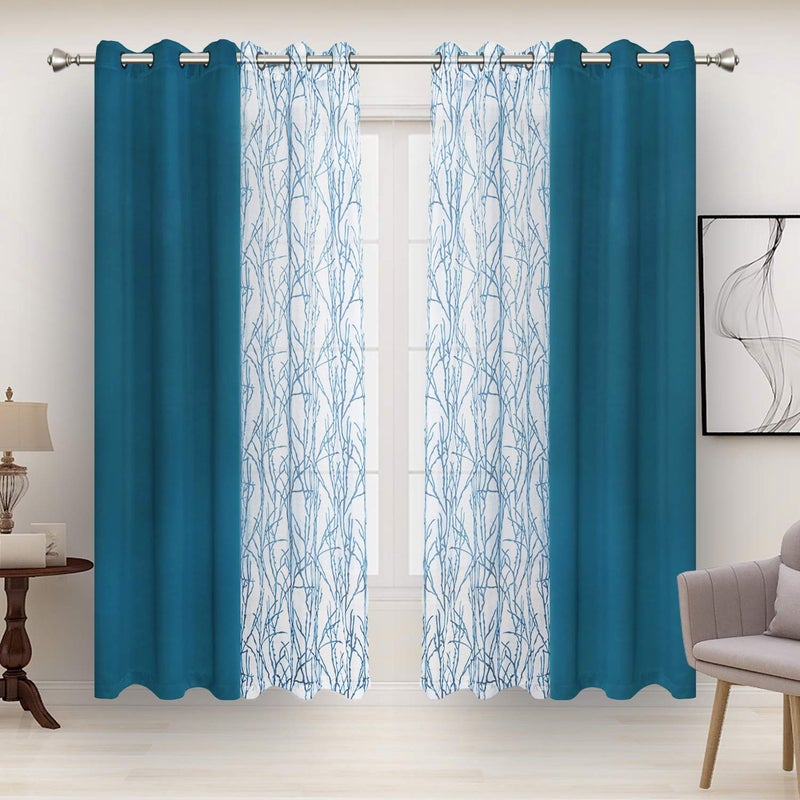BONZER Mix and Match Curtains  2 Pieces Branch Print Sheer Curtains and 2 Pieces Blackout Curtains for Bedroom Living Room Grommet Window Drapes 37x63 InchPanel Teal Set of 4 Panels