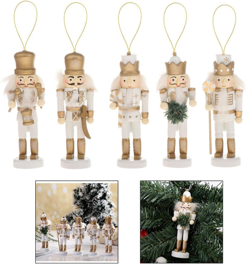 klarako 5 PCS Wooden Nutcracker Figures Soldier Puppet Toy for Christmas Themed Party Outdoor Yard Tree Hanging Decorations, 12.5CM - White Gold - Image 4