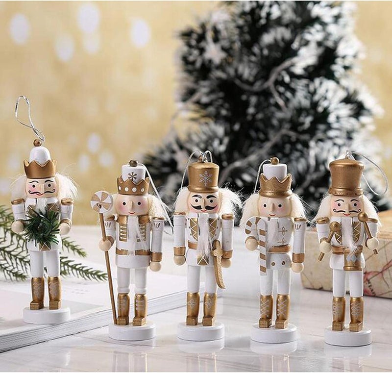 klarako 5 PCS Wooden Nutcracker Figures Soldier Puppet Toy for Christmas Themed Party Outdoor Yard Tree Hanging Decorations, 12.5CM - White Gold - Image 3