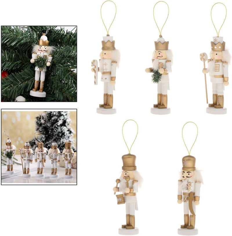 klarako 5 PCS Wooden Nutcracker Figures Soldier Puppet Toy for Christmas Themed Party Outdoor Yard Tree Hanging Decorations, 12.5CM - White Gold - Image 5
