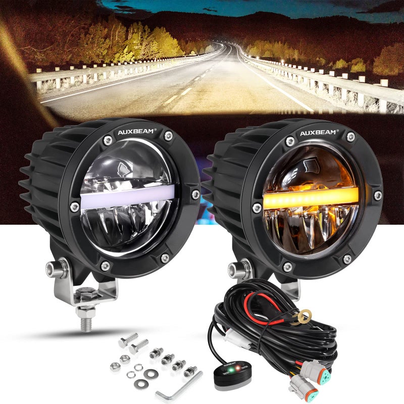 Auxbeam 4In Round LED Offroad Lights 2PCS 110W Round LED Pods Auxiliary Driving Light with Amber DRL Design Super Bright LED Light Bar Round Fog Light Wiring Harness for Truck Pickup SUV ATV UTV 4x4