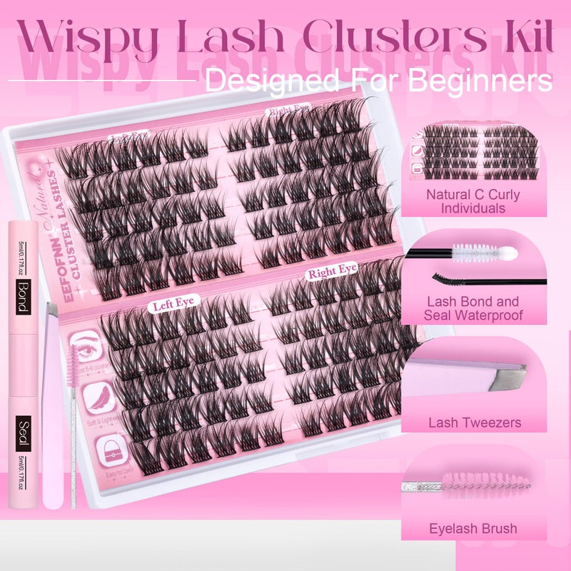 Eefofnn Lash Clusters Kit Wispy Cluster Eyelash Extensions Kit Natural Eyelash Clusters with Lash Bond and Seal Waterproof Tweezers 11-16mm C-Curly Individual Lashes 120pcs DIY Lash Extension Kit by Eefofnn - Image 2
