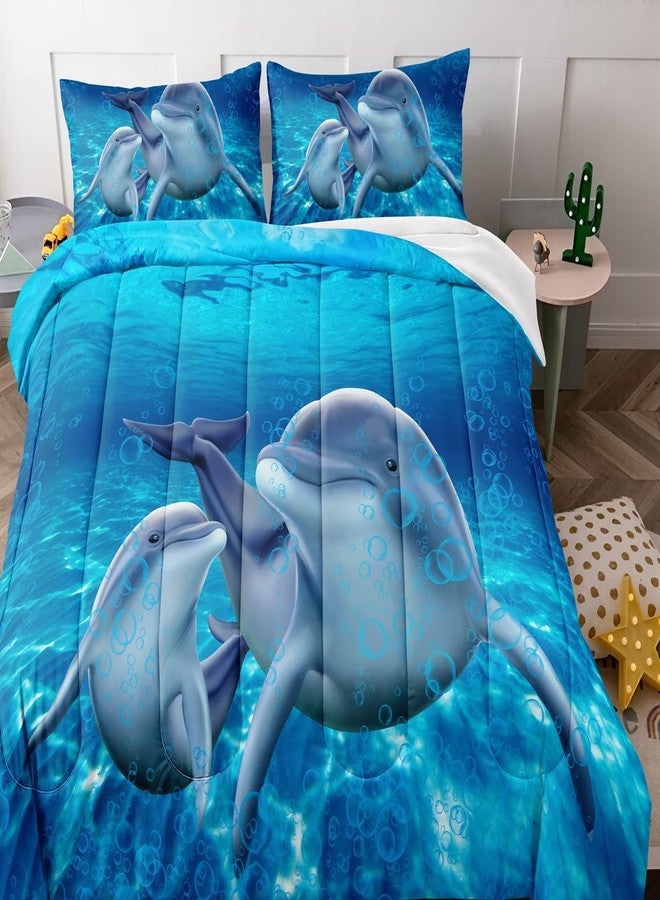 BDUCOK Dolphin Bedding Set - Cute Dolphin Jumping Blue Ocean Animal Themed Comforter Set for Kids Boys Girls - Twin Size - 1 Comforter with 1 Pillowcases - Image 3