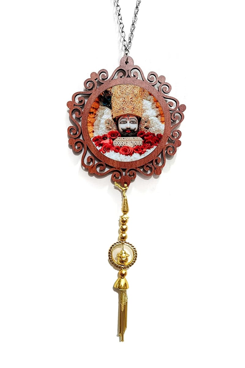 DDL Khatu Shyam Car Hanging with Latkan – 4x4 Inch Wooden Round Rearview Mirror Hanging, Dashboard Showpiece, Car Interior Decor & Keychain, Pack of 1 - Image 2