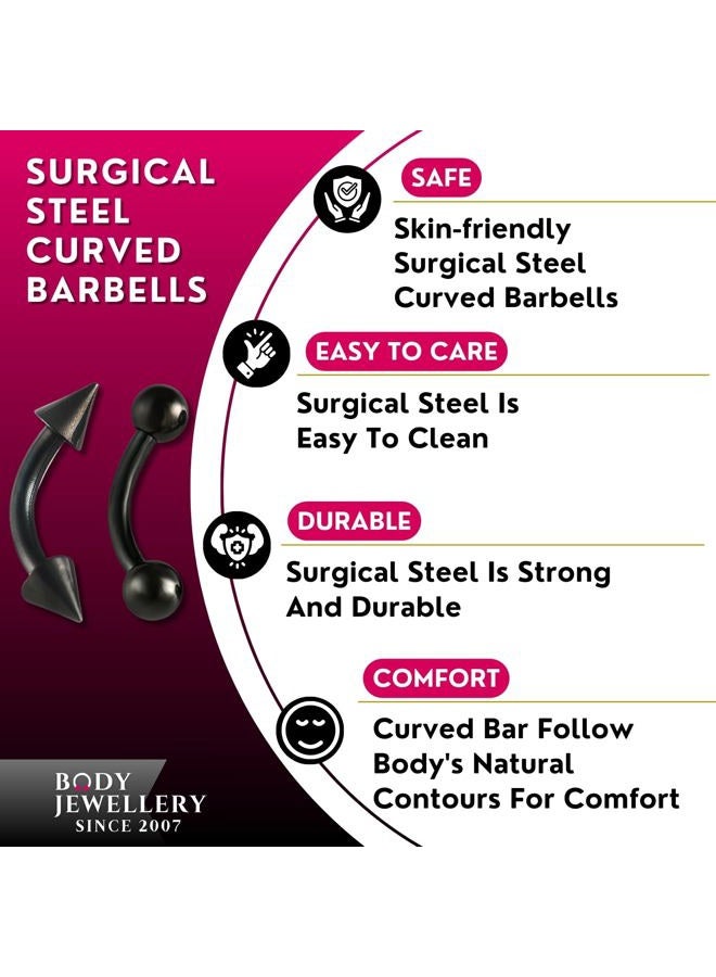 bodyjewellery حلقة أذن غضروف ثقب حواجب مسمار حلق شفاه كرات 16غ باربل منحني من الفولاذ الجراحي كونش روك لابريت 1/4 6مم أسود - Image 3