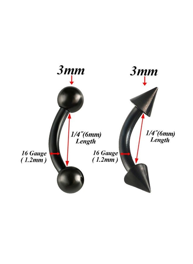 bodyjewellery حلقة أذن غضروف ثقب حواجب مسمار حلق شفاه كرات 16غ باربل منحني من الفولاذ الجراحي كونش روك لابريت 1/4 6مم أسود - Image 2