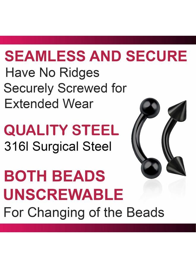 bodyjewellery حلقة أذن غضروف ثقب حواجب مسمار حلق شفاه كرات 16غ باربل منحني من الفولاذ الجراحي كونش روك لابريت 1/4 6مم أسود - Image 5