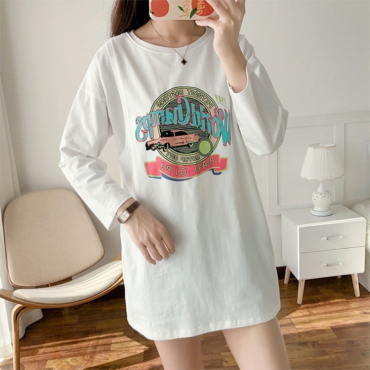 Postpartum Nursing Top Thin Long Sleeve Tee for New Moms White# Alphabet Car 
