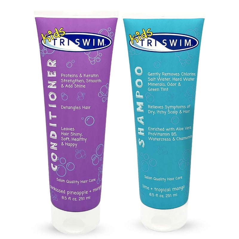 Triswim مجموعة شامبو وبلسم TRISWIM للأطفال 85 أونصة لكل منهما تزيل الكلور ومياه البحر والمياه العسرة وترطب وتفك تشابك الشعر وتعيده وتساعد في بناء شعر قوي وصحي للاستخدام اليومي - Image 1