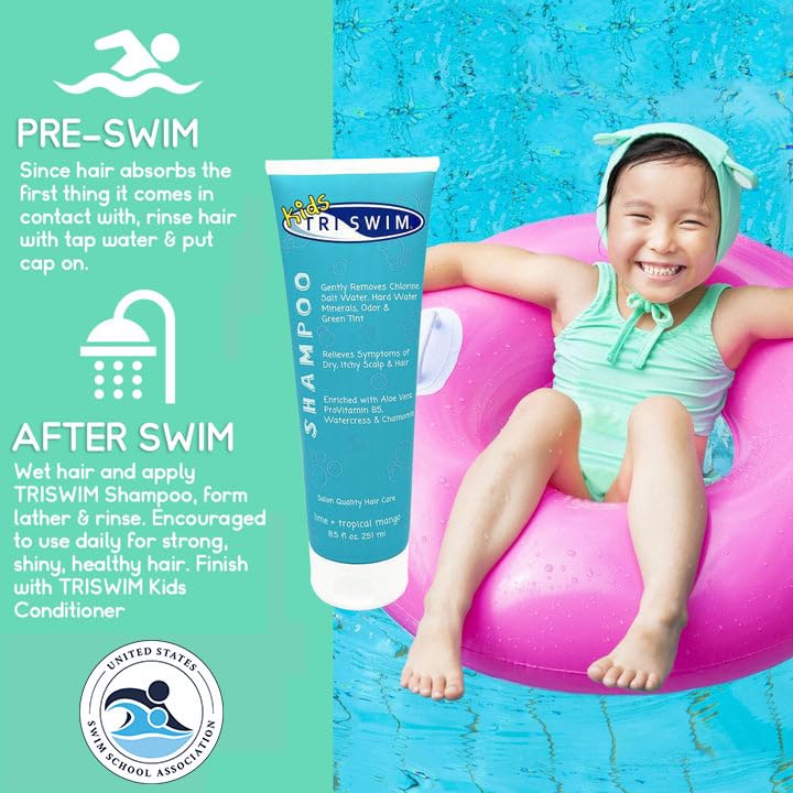 Triswim مجموعة شامبو وبلسم TRISWIM للأطفال 85 أونصة لكل منهما تزيل الكلور ومياه البحر والمياه العسرة وترطب وتفك تشابك الشعر وتعيده وتساعد في بناء شعر قوي وصحي للاستخدام اليومي - Image 3