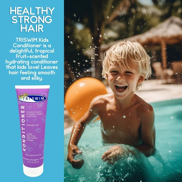 Triswim مجموعة شامبو وبلسم TRISWIM للأطفال 85 أونصة لكل منهما تزيل الكلور ومياه البحر والمياه العسرة وترطب وتفك تشابك الشعر وتعيده وتساعد في بناء شعر قوي وصحي للاستخدام اليومي - Image 5