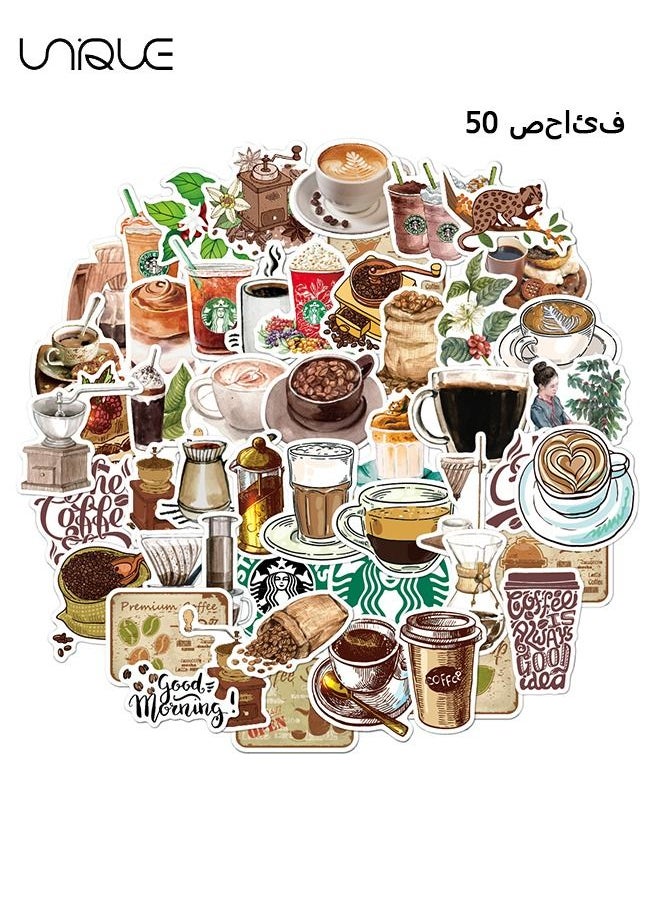 Unique 50 Pcs Vintage Coffee Stickers - Water Bottle Laptop Skateboard Luggage Guitar Car Motorcycle Bike Vinyl Waterproof Coffee Sticker Pack Suitable for Teens Adults  - Image 1