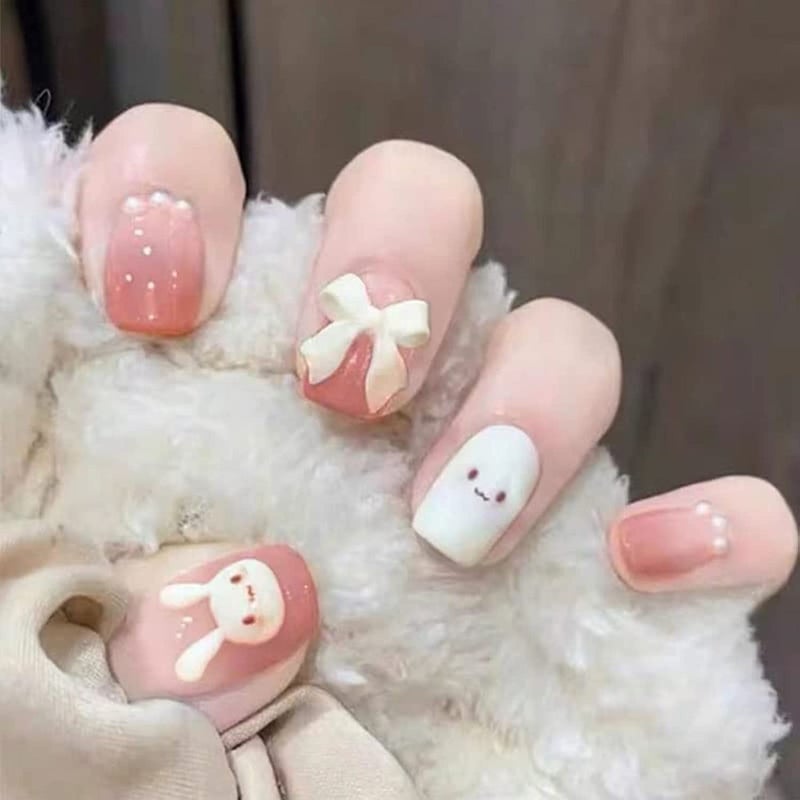Cute Bunny Presson Nails  Easter Rabbit Designs Short  Long Pink  More for Women  Girls Full Cover False Nail Tips