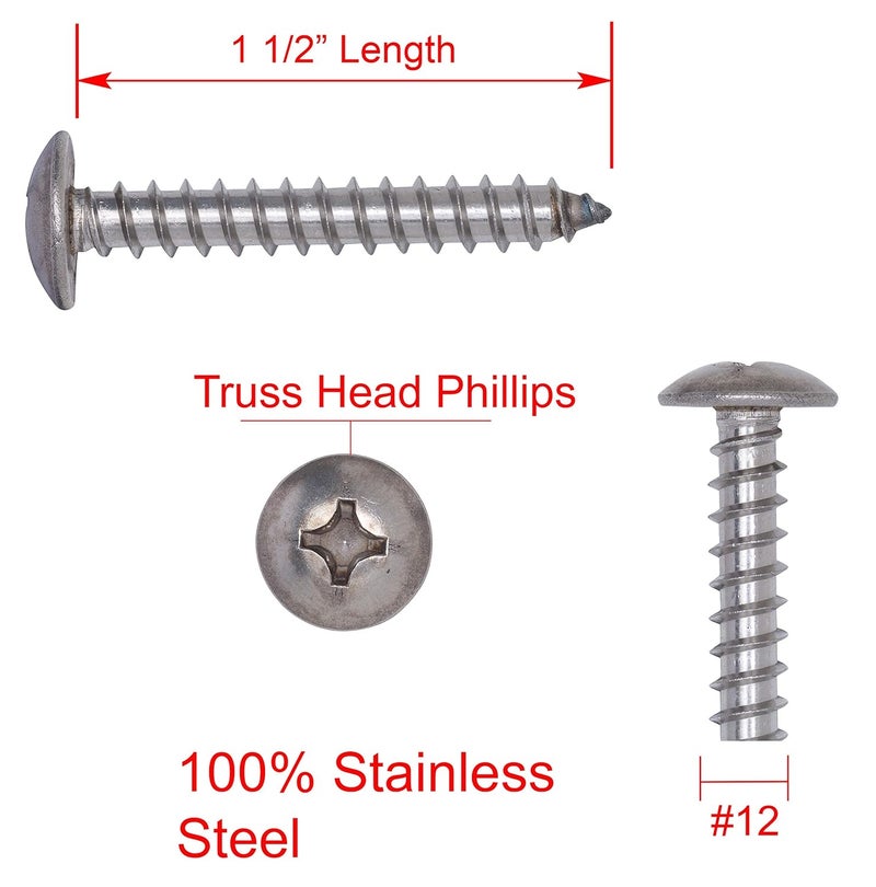 Bolt Dropper No. 12 x 1-1/2" Stainless Truss Head Phillips Wood Screw, (25 pc), 18-8 (304) Stainless Steel Sheet Metal Screws, Type A Point, Plain Finish by - Image 2