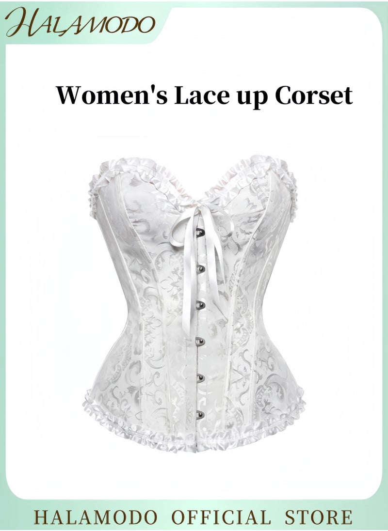 HALAMODO Women's Lace up Corset Waist Cincher Overbust Satin Boned Floral Trim Shapewear Bustier Plus Size Renaissance Corsets Fashion Lingerie Costume Top  - Image 1