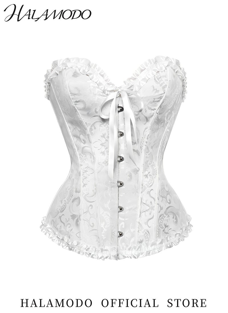 HALAMODO Women's Lace up Corset Waist Cincher Overbust Satin Boned Floral Trim Shapewear Bustier Plus Size Renaissance Corsets Fashion Lingerie Costume Top  - Image 2