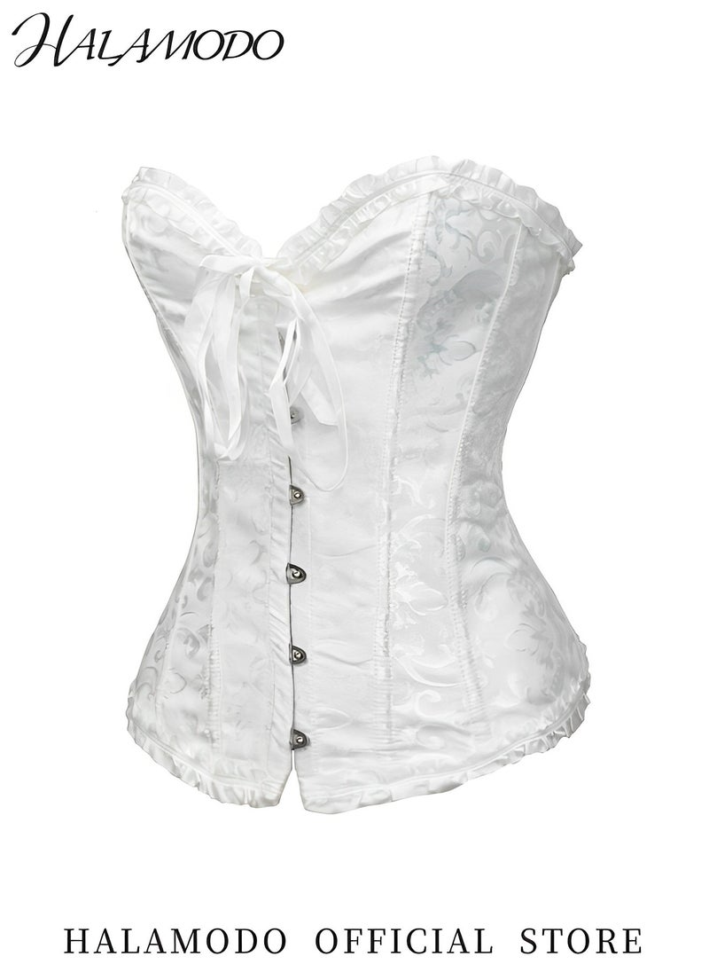 HALAMODO Women's Lace up Corset Waist Cincher Overbust Satin Boned Floral Trim Shapewear Bustier Plus Size Renaissance Corsets Fashion Lingerie Costume Top  - Image 3
