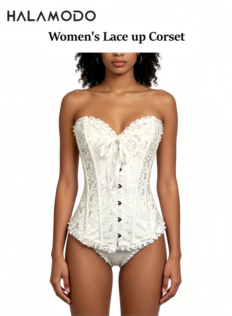 Halamodo Women's Lace up Corset Waist Cincher Overbust Satin Boned Floral Trim Shapewear Bustier Plus Size Renaissance Corsets Fashion Lingerie Costume Top - Image 1