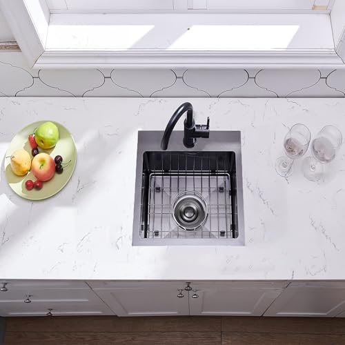 VAPSINT 15x15 Inch Black Drop In Bar Sink, Single Bowl Topmount Handmade Gunmetal Black Wet Bar Prep RV Sink, 16 Guage Stainless Steel Outdoor Small Kitchen Sinks with Grid & Drain Strainer - Image 4