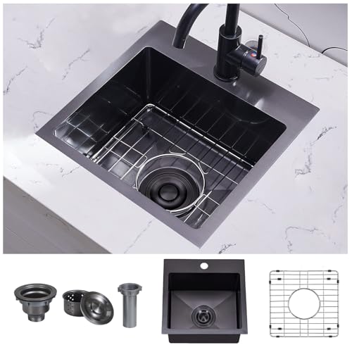 VAPSINT 15x15 Inch Black Drop In Bar Sink, Single Bowl Topmount Handmade Gunmetal Black Wet Bar Prep RV Sink, 16 Guage Stainless Steel Outdoor Small Kitchen Sinks with Grid & Drain Strainer - Image 2