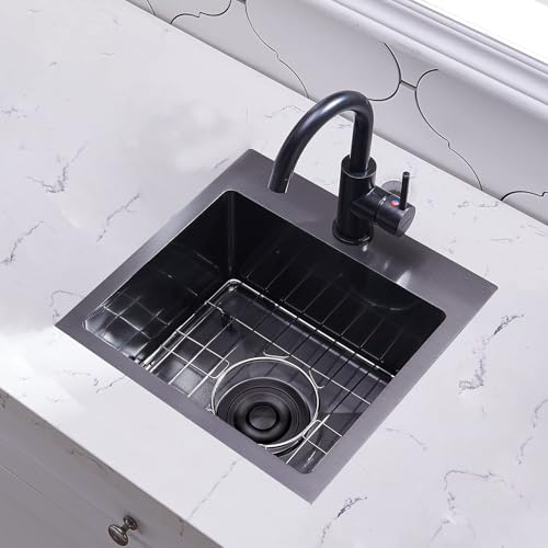 VAPSINT 15x15 Inch Black Drop In Bar Sink, Single Bowl Topmount Handmade Gunmetal Black Wet Bar Prep RV Sink, 16 Guage Stainless Steel Outdoor Small Kitchen Sinks with Grid & Drain Strainer - Image 3