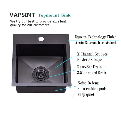 VAPSINT 15x15 Inch Black Drop In Bar Sink, Single Bowl Topmount Handmade Gunmetal Black Wet Bar Prep RV Sink, 16 Guage Stainless Steel Outdoor Small Kitchen Sinks with Grid & Drain Strainer - Image 5