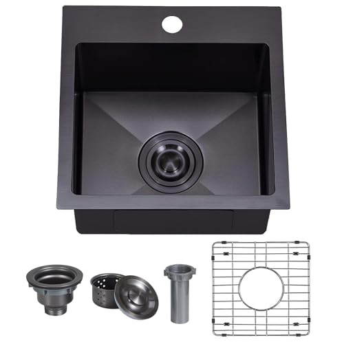 VAPSINT 15x15 Inch Black Drop In Bar Sink, Single Bowl Topmount Handmade Gunmetal Black Wet Bar Prep RV Sink, 16 Guage Stainless Steel Outdoor Small Kitchen Sinks with Grid & Drain Strainer - Image 1