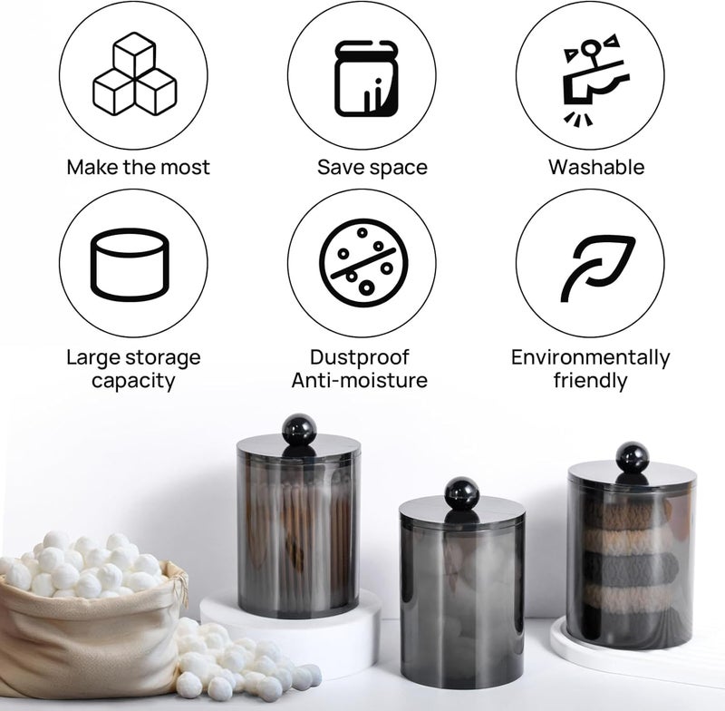 Xpandio Cottonswab Storage Dispenser Set, Light Black Clear Acrylic Apothecary Jar for Bathroom Vanity Organizer, Clear Cotton Ball Holder Cotton/Earbud Holder Storage Container with Lid (PACK OF 1) - Image 4