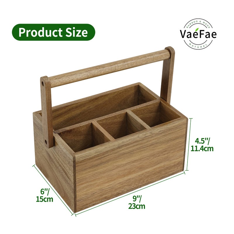 VaeFae Acacia Silverware Caddy with Handle, Wooden Utensil Holder, Mulip-pose Organizer for Kitchen, Office, Bathroom, Bedroom - Image 3