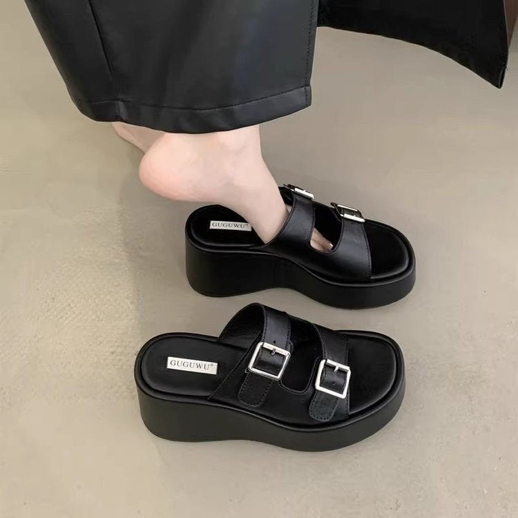 2025 Small Height Height Super High Heels Women'S Summer Belt Buckle Platform Low Sandals Wedge Platform Slides - Image 4