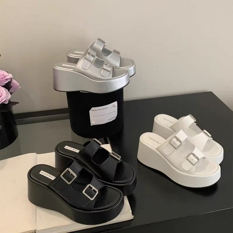 2025 Small Height Height Super High Heels Women'S Summer Belt Buckle Platform Low Sandals Wedge Platform Slides - Image 3
