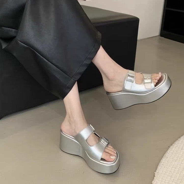 2025 Small Height Height Super High Heels Women'S Summer Belt Buckle Platform Low Sandals Wedge Platform Slides - Image 2