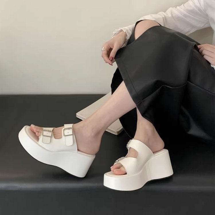 2025 Small Height Height Super High Heels Women'S Summer Belt Buckle Platform Low Sandals Wedge Platform Slides - Image 1