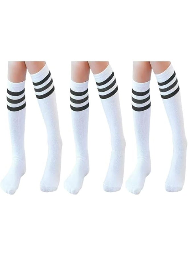 White athletic socks for children with black stripes, made of cotton, set of 3 socks in multiple sizes, for boys and girls. - Image 2