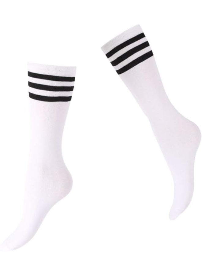 White athletic socks for children with black stripes, made of cotton, set of 3 socks in multiple sizes, for boys and girls. - Image 1