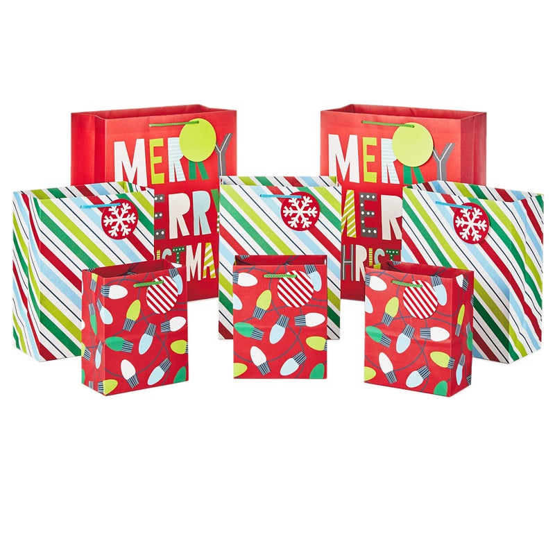 Hallmark Christmas Gift Bags Assorted Sizes 8 Bags 3 Small 6 3 Medium 9 2 Large 13 Red Green Blue Stripes Lights Merry Merry Christmas