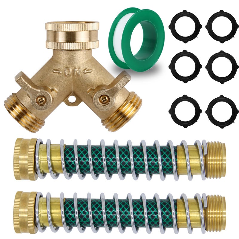 Triumpeek 3/4" Brass 2 Way Hose Splitter, Brass 2 Way Garden Hose Connector with 2 Pcs Garden Hose Coiled Spring Protectors and 6 Rubber Washers - Image 1