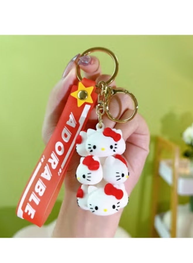 Hello Kitty Stacked Hello Kitty Keychain (4-Piece Character Design with "ADORABLE" Red Wrist Strap)