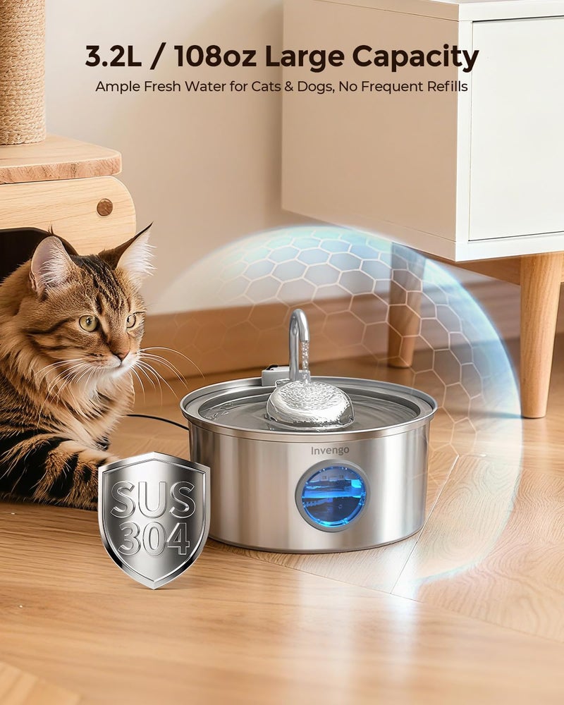 Invengo Cat Water Fountain Stainless Steel, 108oz/3.2L Pet Fountain with Large Water Level Window, Ultra Quiet Automatic Cat Water Dispenser for Cats and Dogs, 2 Flow Modes, Splash-Proof Design - Image 3