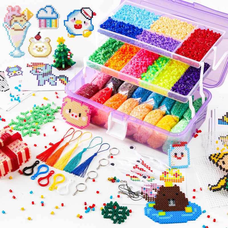 Inscraft 25000 Fuse Beads Kit with 3 Layers Portable Storage Box 26 Color 5MM Iron Beads Set with 127 Patterns 6 Pegboards 10 Ironing Paper 5 Tweezers 66 accessories Gifts for Birthday Christmas
