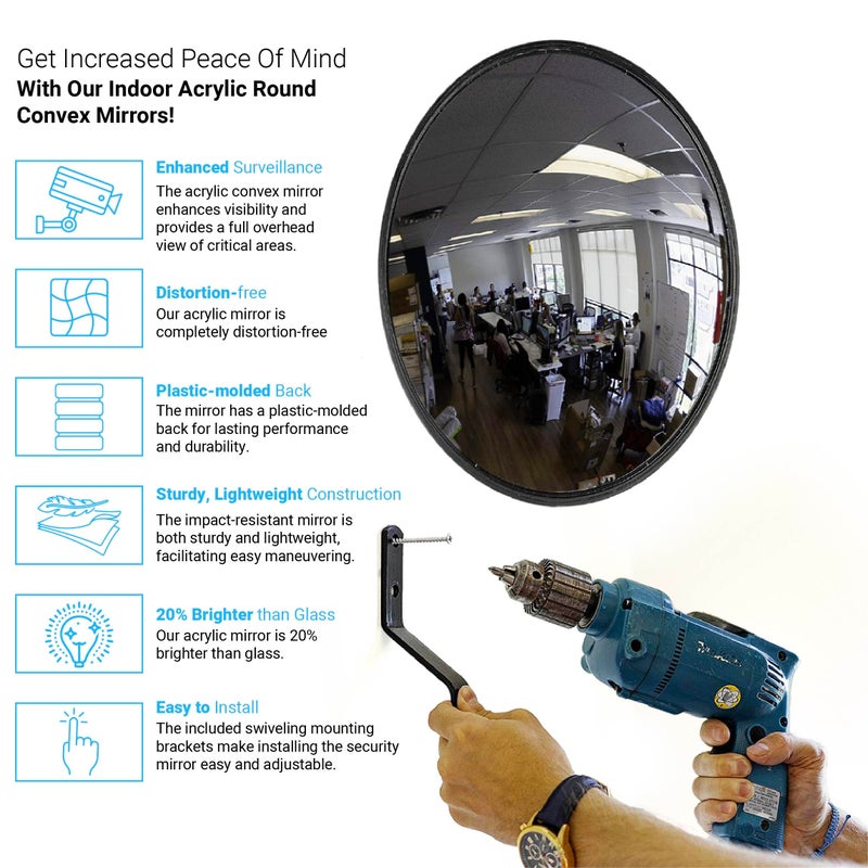 Vision Metalizers 12” Acrylic Convex Mirror, Round Indoor Security Mirror for the Garage Blind Spot, Store Safety, Warehouse Side View, and More, Wall Mirror for Personal or Office Use - Vision Metalizers,Black - Image 3