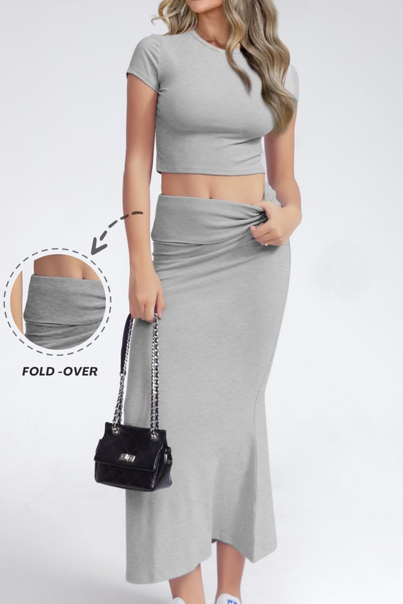 CHYRII Womens Two Piece Sets Short Sleeve Crewneck Cropped Top Bodycon Fold Over Maxi Skirt Maxi Dress Outfits Grey S - Image 2